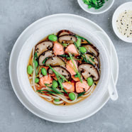 Steamed miso salmon with noodles and veggies